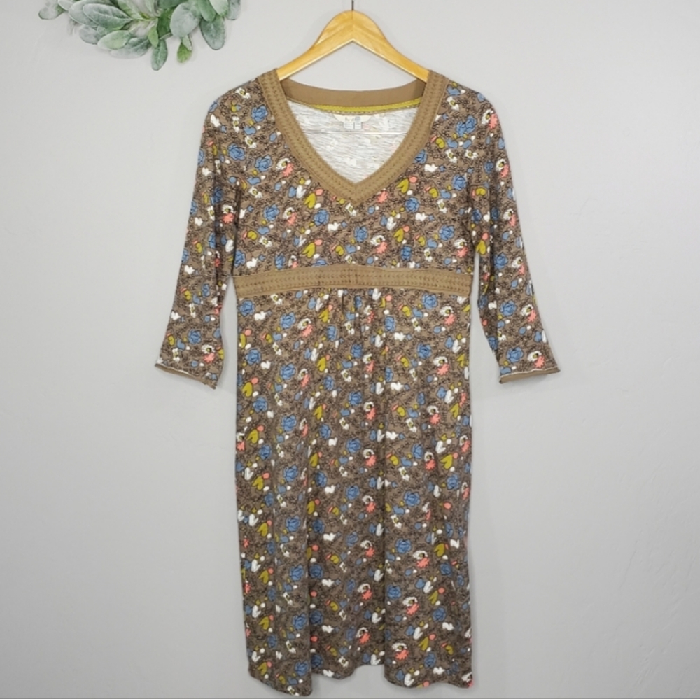 Boden | Floral Empire Waist 3/4 Sleeve Brown Dress Sz 6